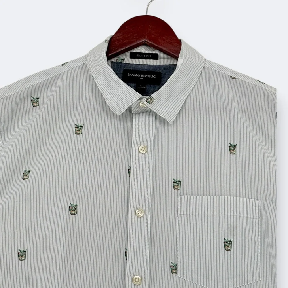 Banana Republic Mens Cocktail Embroidered Pinstripe Shirt L Blue Slim Fit Summer
